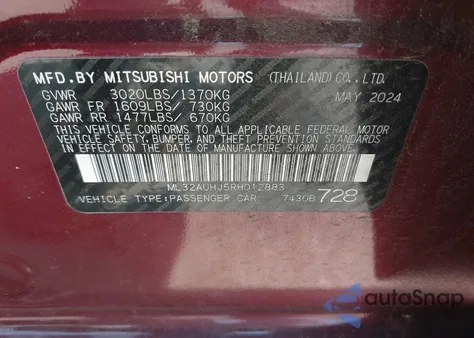 2024 Mitsubishi Mirage Es/Le z USA, uszkodzony, nr VIN ML32AUHJ5RH012883